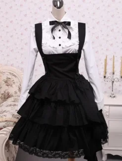 Chemise blanche en coton de manches longues et trousseau noir de Lolita en coton avec ride Déguisements Halloween