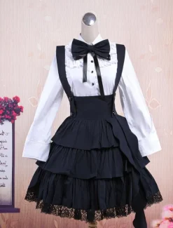 Chemise blanche en coton de manches longues et trousseau noir de Lolita en coton avec ride Déguisements Halloween