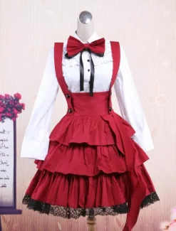 Chemise blanche en coton de manches longues et trousseau noir de Lolita en coton avec ride Déguisements Halloween