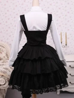 Chemise blanche en coton de manches longues et trousseau noir de Lolita en coton avec ride Déguisements Halloween