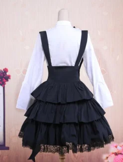 Chemise blanche en coton de manches longues et trousseau noir de Lolita en coton avec ride Déguisements Halloween