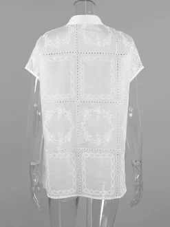Chemise blanche à lacets pour femme col montant manches 3/4 style décontracté