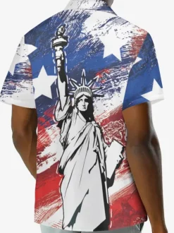 Chemise Décontractée Hommes Manches Courtes Imprimées Statue de la Liberté Bleues Vacances