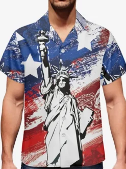 Chemise Décontractée Hommes Manches Courtes Imprimées Statue de la Liberté Bleues Vacances