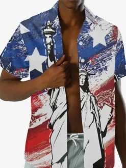 Chemise Décontractée Hommes Manches Courtes Imprimées Statue de la Liberté Bleues Vacances