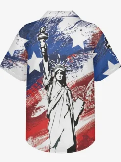 Chemise Décontractée Hommes Manches Courtes Imprimées Statue de la Liberté Bleues Vacances