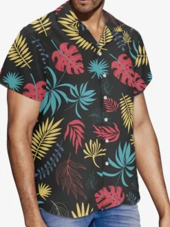 Chemise Décontractée Hommes Manches Courtes Imprimées Noires Vacances Hawaï