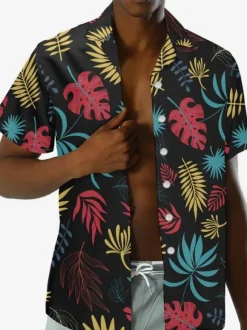 Chemise Décontractée Hommes Manches Courtes Imprimées Noires Vacances Hawaï