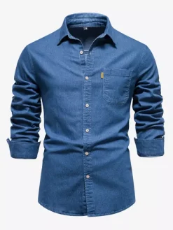 Chemise Décontractée Manches Longues Hommes Couleur Unie Coupe Cintrée En Denim