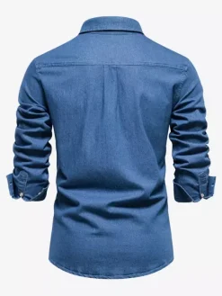 Chemise Décontractée Manches Longues Hommes Couleur Unie Coupe Cintrée En Denim