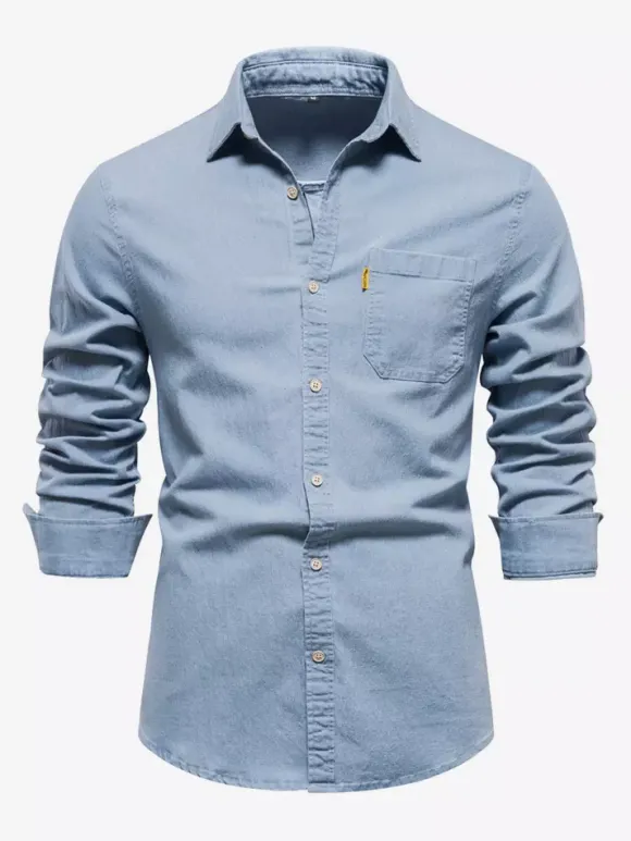 Chemise Décontractée Manches Longues Hommes Couleur Unie Coupe Cintrée En Denim