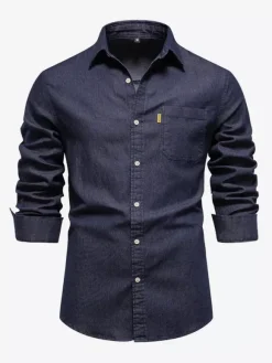 Chemise Décontractée Manches Longues Hommes Couleur Unie Coupe Cintrée En Denim
