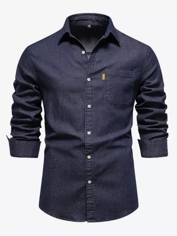 Chemise Décontractée Manches Longues Hommes Couleur Unie Coupe Cintrée En Denim
