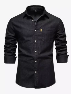 Chemise Décontractée Manches Longues Hommes Couleur Unie Coupe Cintrée En Denim