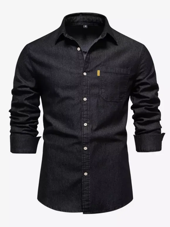 Chemise Décontractée Manches Longues Hommes Couleur Unie Coupe Cintrée En Denim