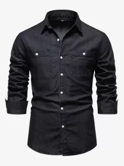 Chemise Décontractée Manches Longues Hommes Couleur Unie Coupe Cintrée En Denim