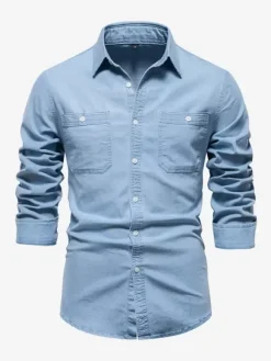 Chemise Décontractée Manches Longues Hommes Couleur Unie Coupe Cintrée En Denim