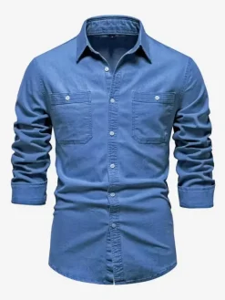 Chemise Décontractée Manches Longues Hommes Couleur Unie Coupe Cintrée En Denim