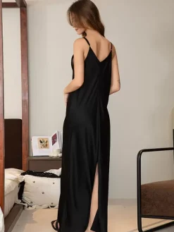 Chemise de nuit longue noire extensible élégante lingerie adulte