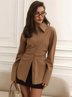Chemise froncée à manches longues avec détail de taille unique pour femme 2026