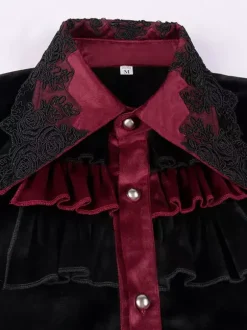 Chemise Noir Vintage Gothique Top Rétro Volants Dentelle Manches Longues Polyester Fibre Rétro Costumes Pour Homme
