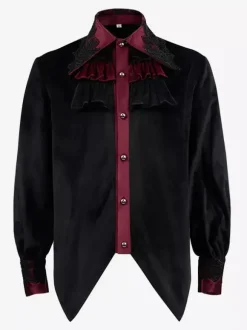 Chemise Noir Vintage Gothique Top Rétro Volants Dentelle Manches Longues Polyester Fibre Rétro Costumes Pour Homme