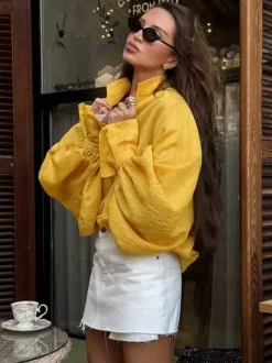 Chemise oversize à manches bouffantes texturées et col montant boutonné