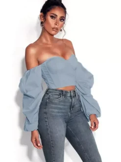 Chemise pour femme bleue sans bretelles sexy manches longues