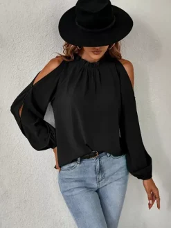 Chemise Pour Femme Rouge Col Rond Décontracté Manches Longues Tops