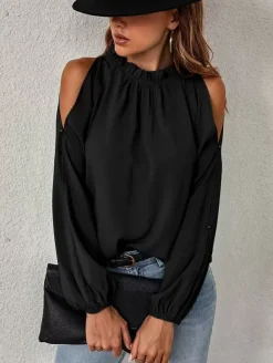 Chemise Pour Femme Rouge Col Rond Décontracté Manches Longues Tops