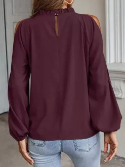 Chemise Pour Femme Rouge Col Rond Décontracté Manches Longues Tops