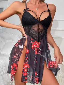 Chemises Babydoll Noires À Imprimé Floral En Dentelle Chic Sexy