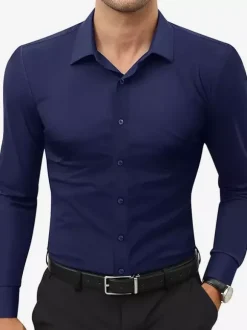 Chemises extensibles à manches longues pour hommes style décontracté couleur unie
