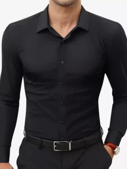 Chemises extensibles à manches longues pour hommes style décontracté couleur unie