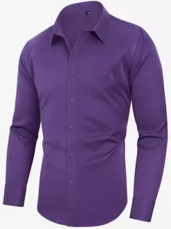 Chemises extensibles à manches longues pour hommes style décontracté couleur unie