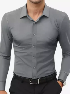 Chemises extensibles à manches longues pour hommes style décontracté couleur unie
