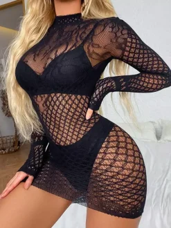 Chemises en résille en maille pour femmes robe noire body babydoll lingerie transparente