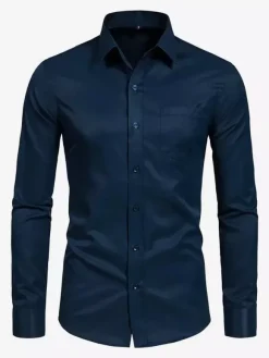 Chemises à manches longues pour hommes élastiques boutonnées coupe slim couleur unie