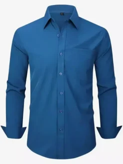 Chemises à manches longues pour hommes élastiques boutonnées coupe slim couleur unie