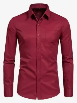 Chemises à manches longues pour hommes élastiques boutonnées coupe slim couleur unie