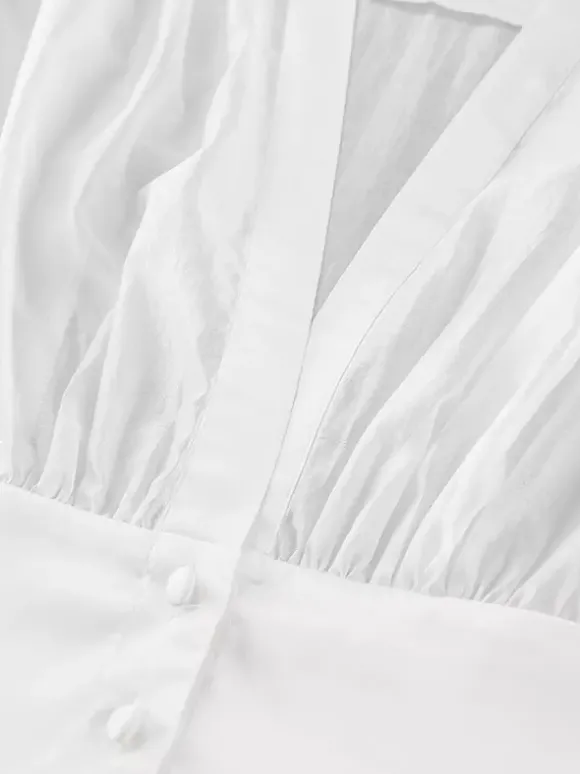 Chemisier blanc à décolleté plongeant pour femme - Top sexy transparent à manches longues - Style français pour soirées printanières streetwear 2026