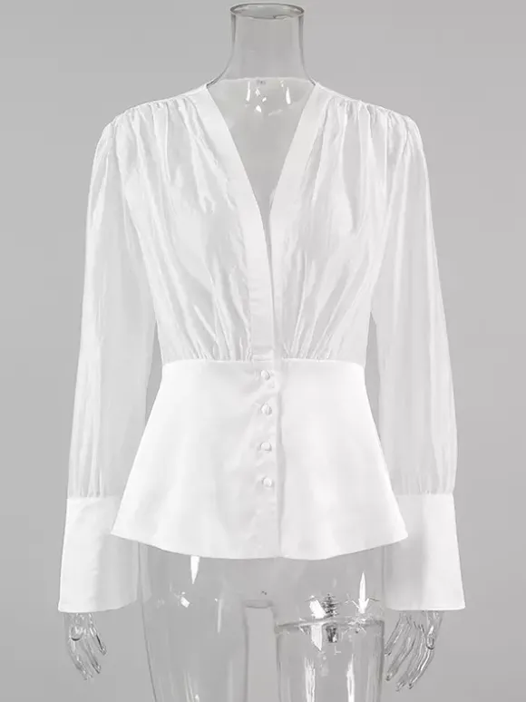 Chemisier blanc à décolleté plongeant pour femme - Top sexy transparent à manches longues - Style français pour soirées printanières streetwear 2026