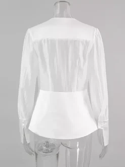 Chemisier blanc à décolleté plongeant pour femme - Top sexy transparent à manches longues - Style français pour soirées printanières streetwear 2026