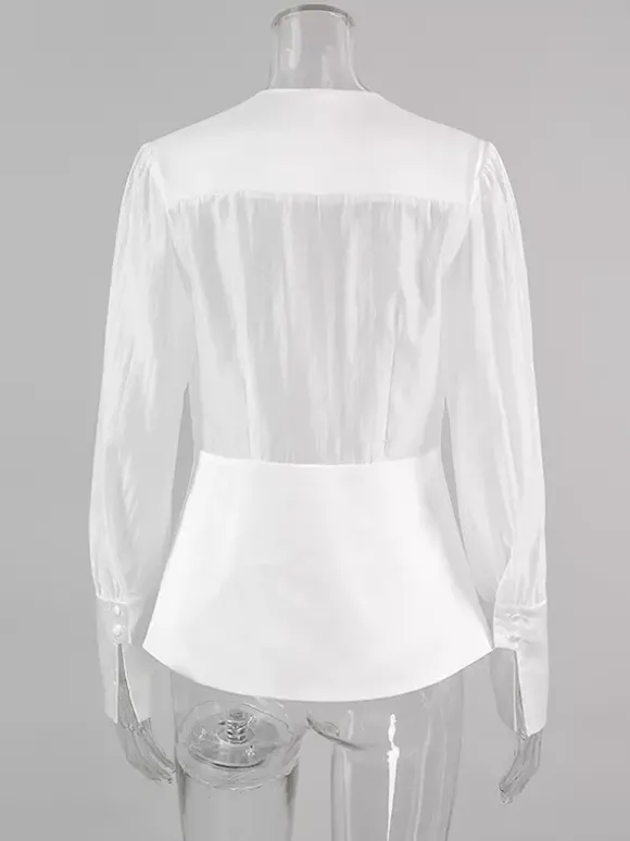 Chemisier blanc à décolleté plongeant pour femme - Top sexy transparent à manches longues - Style français pour soirées printanières streetwear 2026