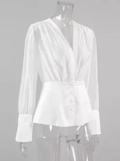 Chemisier blanc à décolleté plongeant pour femme - Top sexy transparent à manches longues - Style français pour soirées printanières streetwear 2026