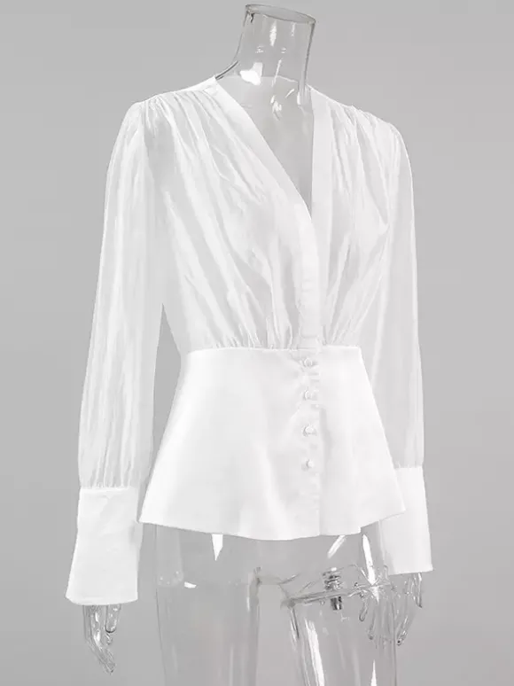 Chemisier blanc à décolleté plongeant pour femme - Top sexy transparent à manches longues - Style français pour soirées printanières streetwear 2026