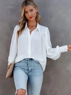 Chemisier Blouse Court Femme avec Manches Longues à Col Revers Unicolore