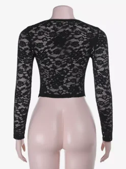 Chemisier bustier noir sexy à manches longues et découpes en dentelle style corset pour femme - Tenue de soirée printanière 2026