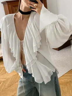 Chemisier chic à volants et n艙ud sur le devant pour femme - Blanc style vintage français manches lanternes col en V profond - Collection printemps-été 2026