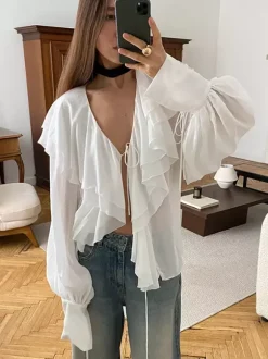 Chemisier chic à volants et n艙ud sur le devant pour femme - Blanc style vintage français manches lanternes col en V profond - Collection printemps-été 2026